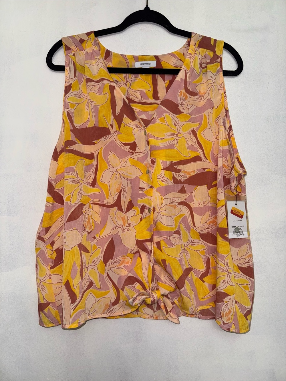 Nine West Pink and Yellow Floral Twist-Hem Sleeveless Top